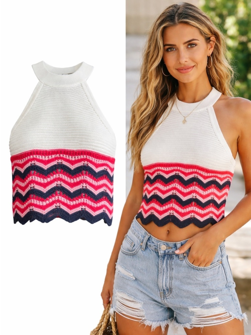 4SI3NNA | Multicolor Crochet Knit Halter Tank Top | Boho Chevron | Size L